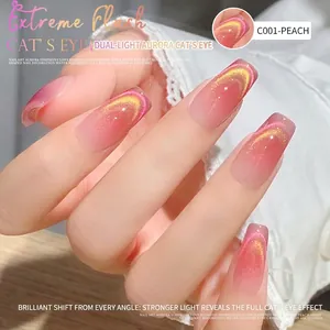 Macro shot of peach pink dual-light cat eye nail gel with shimmery crystal texture