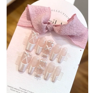 Pink ballet coquette press-on nails with 3D bows, pearls and French gradient tips