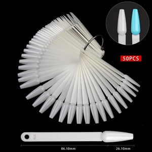 Detailed dimension view of 50pcs fan-shaped nail swatches with long stiletto tips