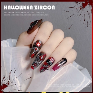 Gothic punk Halloween nail charms with chrome hearts, alloy crosses and red rhinestones