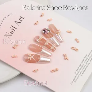 Pink ballet ribbon bow nail charms with pearls for sweet manicure art designs