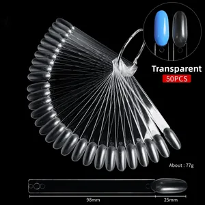 Detailed view of 50pcs transparent fan-shaped nail swatches with metal ring holder