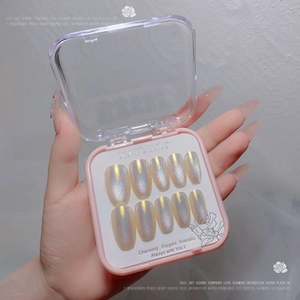 Close-up of almond-shaped cat eye press-on nails with iridescent aurora shimmer and box