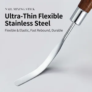 Thin flexible stainless steel nail art spatula with wooden handle for mixing gel