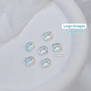 Cristaux d'ongles octogonaux en verre K9 de 10x8mm avec effet aurore polaire et fini glacé