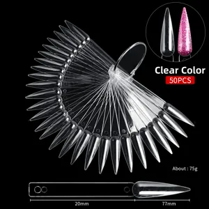 Macro detail of 50pcs transparent pointed nail tips with precise size measurements
