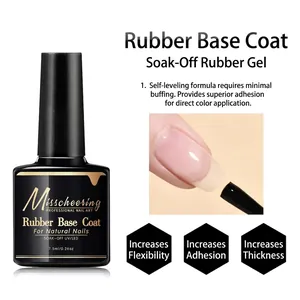 Detailed view of Rubber Base Coat nail gel in black bottle with usage guide and icons