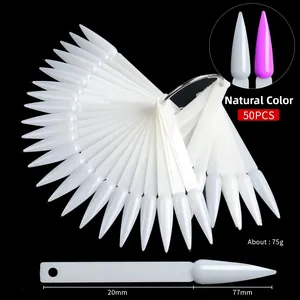 50 pieces of pointed nail art display tips in natural white color with metal ring
