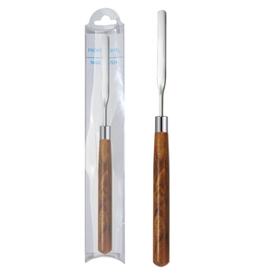 Detail of wooden handle nail spatula and stainless steel mixing tool in clear packaging