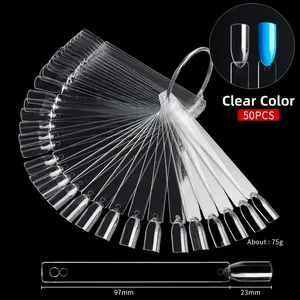 Detailed fan-shaped 50pcs clear nail art swatch sticks with metal ring and dimensions