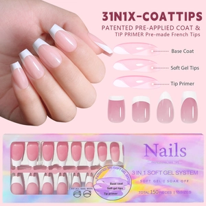 Detailed 3-in-1 soft gel French press-on nail kit showing 150 pieces and 15 sizes
