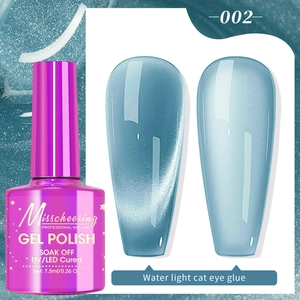 Close-up of 7.5ml bottle and shimmering blue-green cat eye nail polish swatches