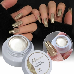 Macro view of metallic gold nail gel in 6ml pot with high-gloss finish on nails