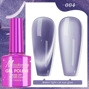 Macro detail of lavender crystal cat eye gel polish bottle and swatch on purple background