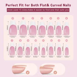 Size chart showing 15 different sizes of French press-on nails for flat and curved nails