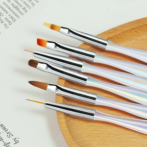 6-piece aurora acrylic nail art brush set with gradient handles on a wooden tray