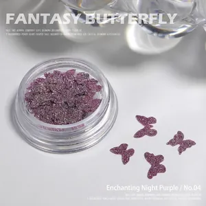 Detail macro shot of charm purple butterfly nail glitter ornaments in 04 box