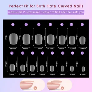 Guide des tailles détaillé pour 15 faux ongles mats courts avec mesures précises en mm