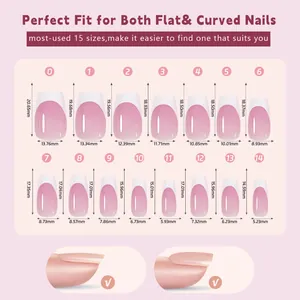 Size chart showing 15 sizes of French gradient press-on nails for flat and curved nail beds