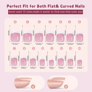Size chart showing 15 precise dimensions for French press-on nails for flat and curved nails