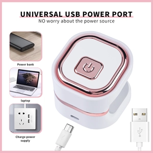 Mini UV LED nail lamp showing USB power supply options with laptop and power bank