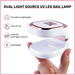 Close-up of portable 6W white UV LED nail lamp with rose gold trim and USB port
