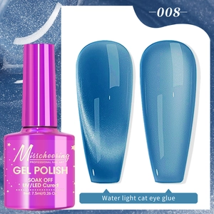 Detail of blue water-light cat eye gel polish bottle and sample nail art swatch