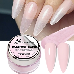 Dettaglio polvere acrilica Pink Clear che mostra texture, flacone ed effetto unghie