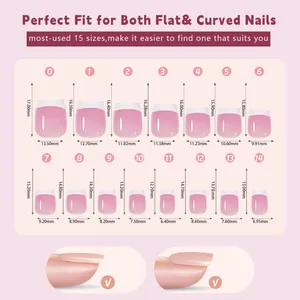 Detailed size chart showing 15 specifications for French press-on nails from size 0 to 14