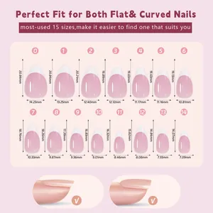 Detailed size chart for French press-on nails showing 15 different nail length and width specs