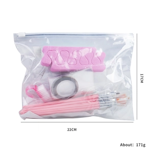 Pink 10-piece nail art tool kit in a clear PVC bag weighing 171g and measuring 22x17cm
