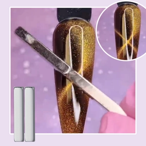 Magnetic nail tool set with two rectangle magnets creating golden cat eye effects on nails