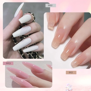 Nail extension gel kit showing white coffin, pink almond, and nude square nail shapes
