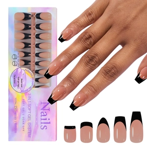 Detail view of pink and black French soft gel nail tips set with 150 pieces