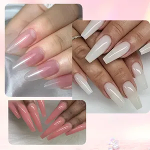 Close-up of three poly nail extension gel styles in pink and milky white shades
