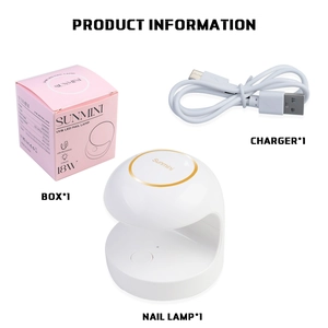 Mini 18W UV LED nail lamp set with USB cable and pink packaging box in flat layout