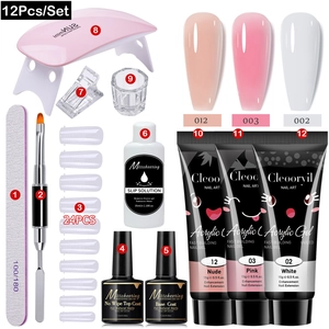 Flat lay of 12-piece nail extension kit with UV lamp, poly gel, and professional tools