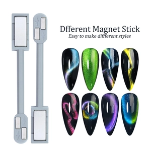 Dual-head magnetic nail tool set showing various colorful cat-eye polish pattern effects