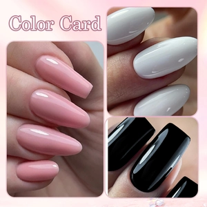 Glossy pink, white, and black nail polish color card display on elegant long nail tips