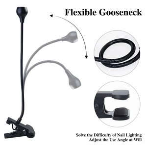 Mini UV LED nail lamp with flexible gooseneck and sturdy clip for desk mounting