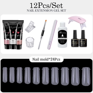 Complete 12-piece nail extension gel kit with UV lamp, poly gel, and professional tools