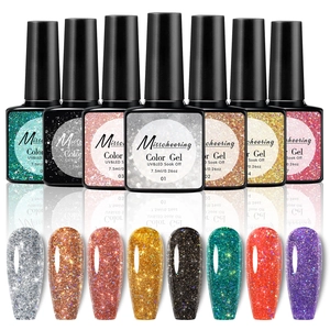 Detailed set of seven 7.5ml glitter UV LED nail polish bottles with colorful sparkly swatches