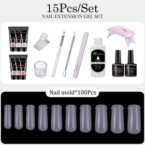 Complete 15-piece nail extension kit with 6 poly gels, mini UV lamp and 100 nail molds