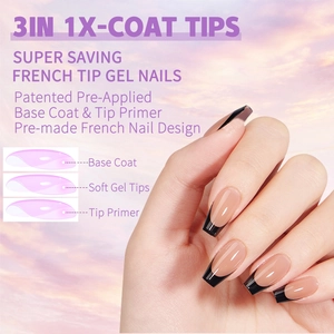 Macro detail showing 3-in-1 soft gel structure with black French tips on nails