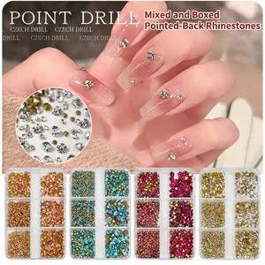 Pointed Back Nail Art Rhinestones Glass Crystal Mixed Sizes Manicure Decorations Professional DIY Beauty Tool In Multi Grid Case