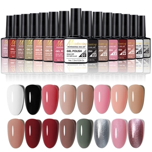 16-color nail gel polish set with glossy shades and glitter finishes in 7.5ml bottles
