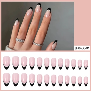 Glänzende Mandel Press On Nägel Französische Schwarze Spitze Nude Pink Künstliche Falsche Fingernägel Minimalistisch Damen
