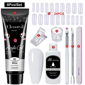 8-piece nail extension kit including 15g poly gel, slip solution, brush, and dual forms