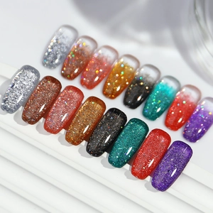 Close-up of 18 glitter nail polish colors showing sparkle effects on display tips