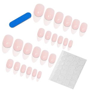French tip press-on nail kit with 24 nude pink pieces and silver glitter accent lines